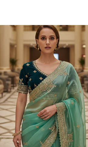 Green Color  Sequins and jaro Thread Embroidery Work  Satin art silk saree 2