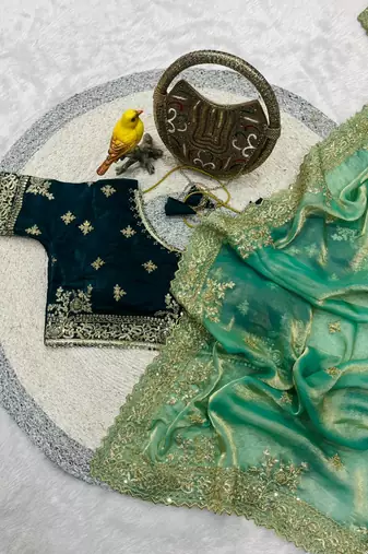 Green Color  Sequins and jaro Thread Embroidery Work  Satin art silk saree
