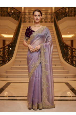 Lavender Color  Sequins and jaro Thread Embroidery Work  Satin art silk saree 1