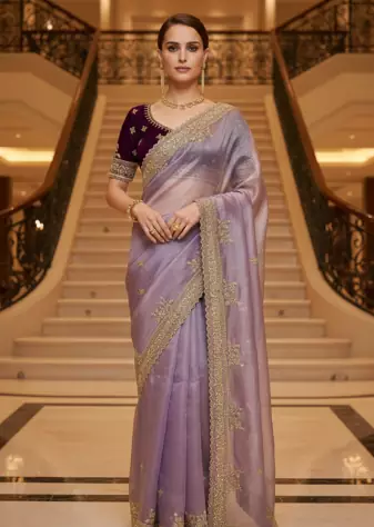 Lavender Color  Sequins and jaro Thread Embroidery Work  Satin Silk Saree