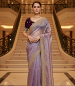 Lavender Color  Sequins and jaro Thread Embroidery Work  Satin Silk Saree