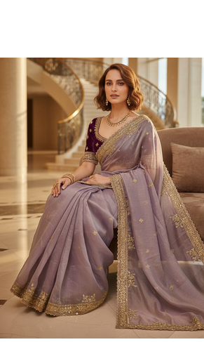 Lavender Color  Sequins and jaro Thread Embroidery Work  Satin art silk saree 2