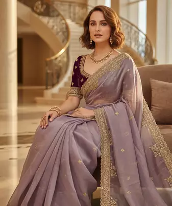 Lavender Color  Sequins and jaro Thread Embroidery Work  Satin art silk saree