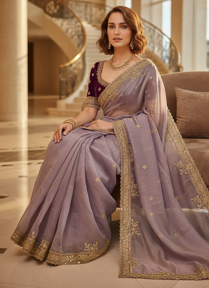 Lavender Color  Sequins and jaro Thread Embroidery Work  Satin Silk Saree