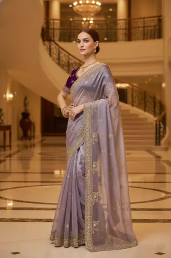 Lavender Color  Sequins and jaro Thread Embroidery Work  Satin art silk saree