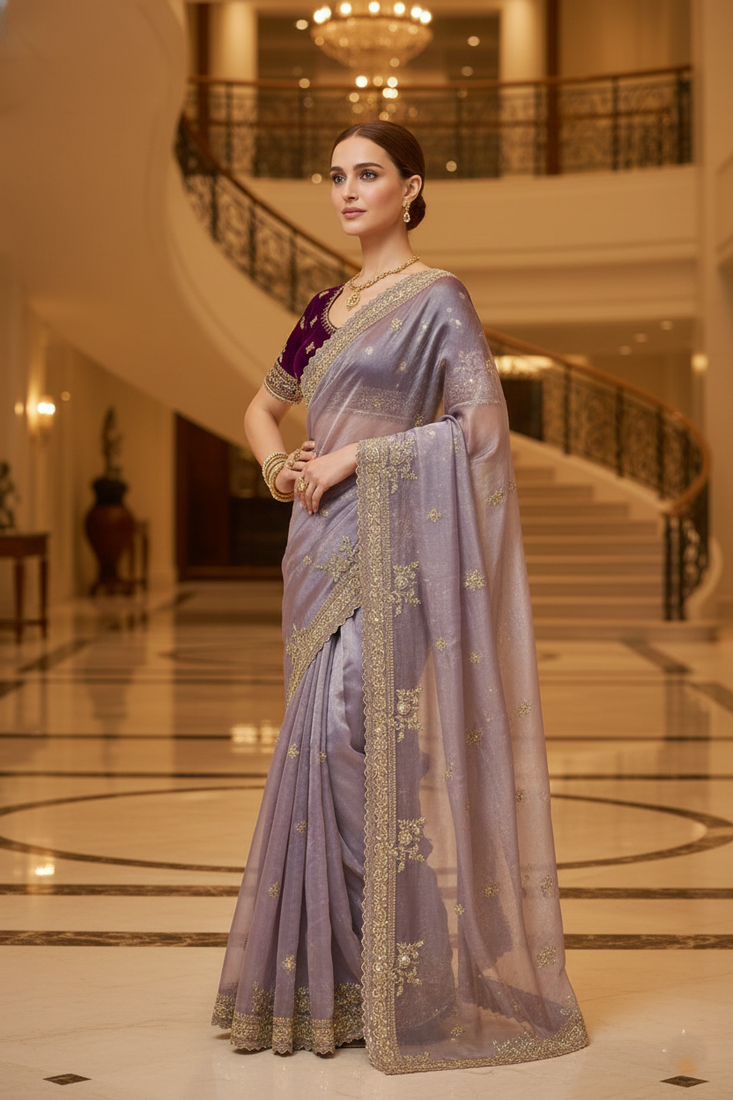 Lavender Color  Sequins and jaro Thread Embroidery Work  Satin Silk Saree