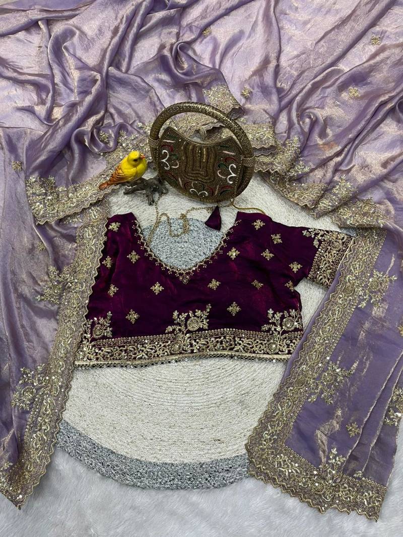 Lavender Color  Sequins and jaro Thread Embroidery Work  Satin Silk Saree