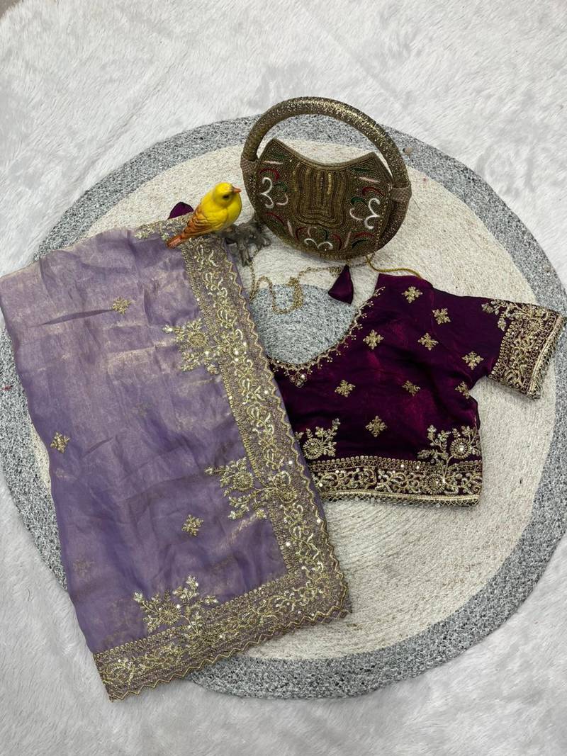 Lavender Color  Sequins and jaro Thread Embroidery Work  Satin Silk Saree