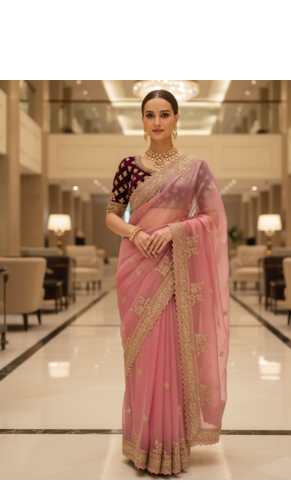 pink Color  Sequins and jaro Thread Embroidery Work  Satin art silk saree 1