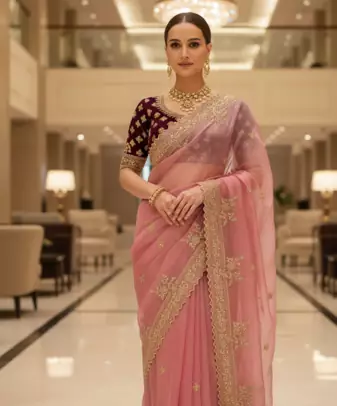 pink Color  Sequins and jaro Thread Embroidery Work  Satin Silk Saree