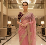 pink Color  Sequins and jaro Thread Embroidery Work  Satin Silk Saree