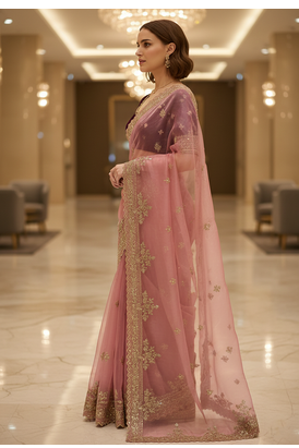 pink Color  Sequins and jaro Thread Embroidery Work  Satin art silk saree 3