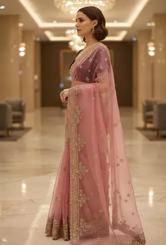 pink Color  Sequins and jaro Thread Embroidery Work  Satin art silk saree