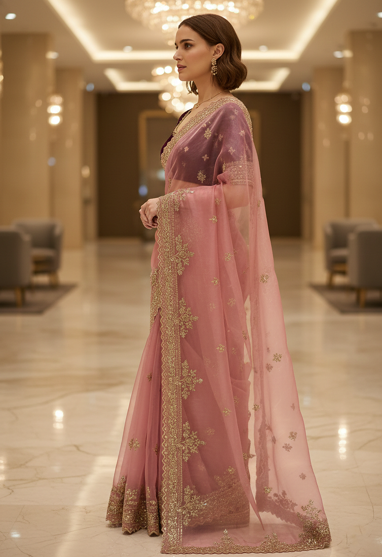 pink Color  Sequins and jaro Thread Embroidery Work  Satin Silk Saree