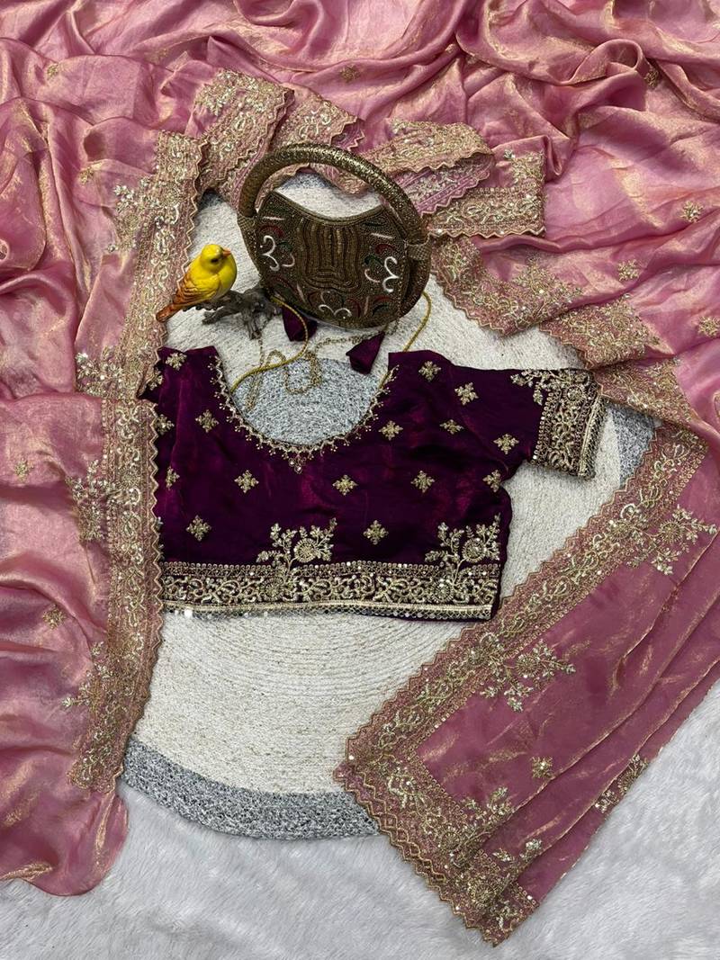 pink Color  Sequins and jaro Thread Embroidery Work  Satin Silk Saree