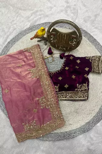 pink Color  Sequins and jaro Thread Embroidery Work  Satin art silk saree