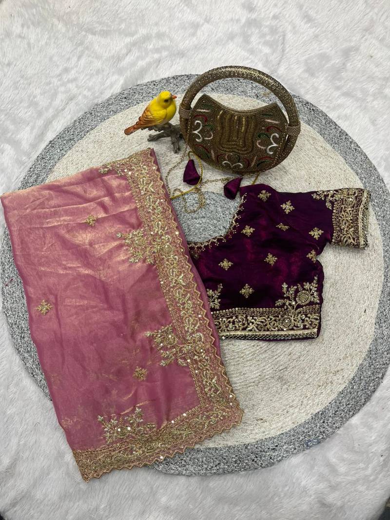 pink Color  Sequins and jaro Thread Embroidery Work  Satin Silk Saree