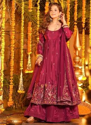 Rani pink embroidery crep fully stitched anarkali set 1