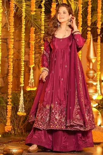 Rani pink embroidery crep fully stitched anarkali set