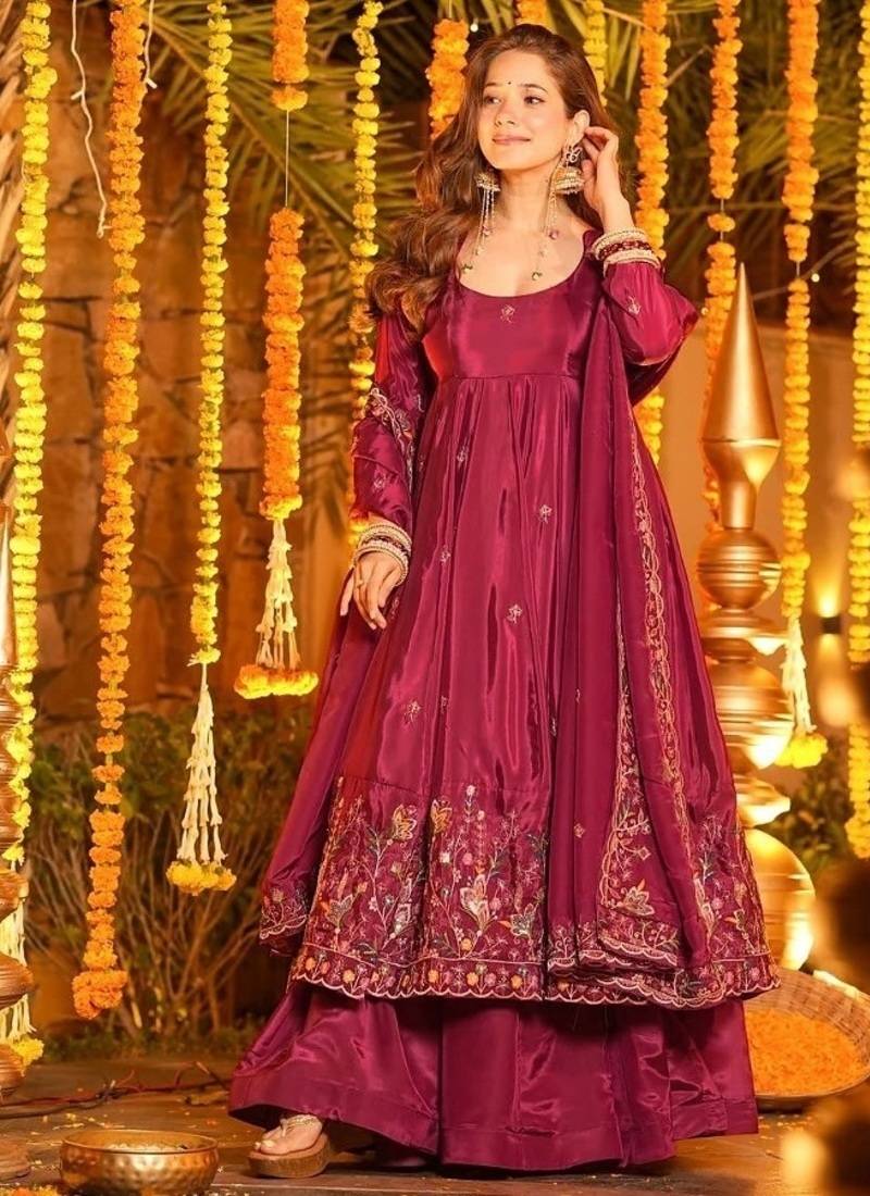 Rani pink embroidery crep fully stitched anarkali set