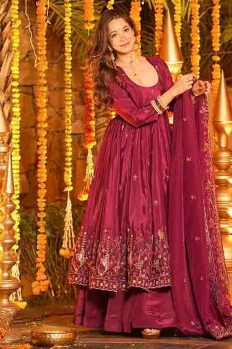 Rani pink embroidery crep fully stitched anarkali set