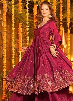 Rani pink embroidery crep fully stitched anarkali set 3