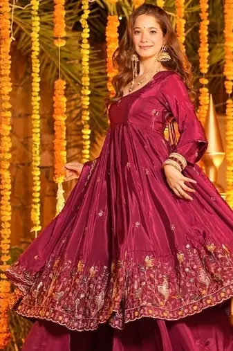 Rani pink embroidery crep fully stitched anarkali set
