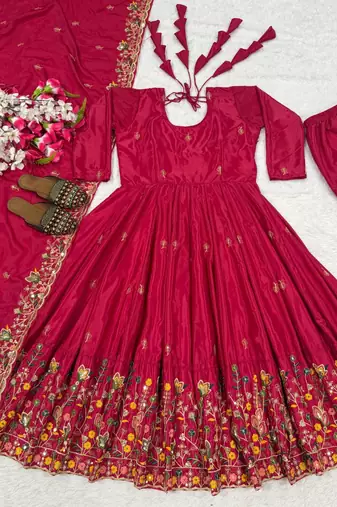 Rani pink embroidery crep fully stitched anarkali set