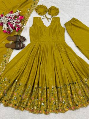 Mehendi embroidery crep fully stitched anarkali set 2