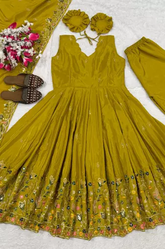 Mehendi embroidery crep fully stitched anarkali set