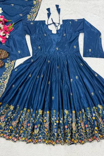 Teal embroidery crep fully stitched anarkali suit set