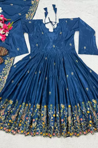 Teal embroidery crep fully stitched anarkali suit set