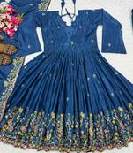 Teal embroidery crep fully stitched anarkali suit set