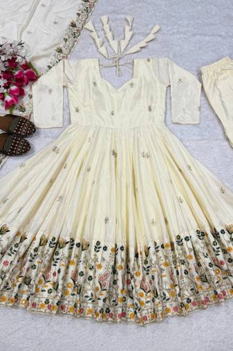 Off-white embroidery crep fully stitched anarkali set