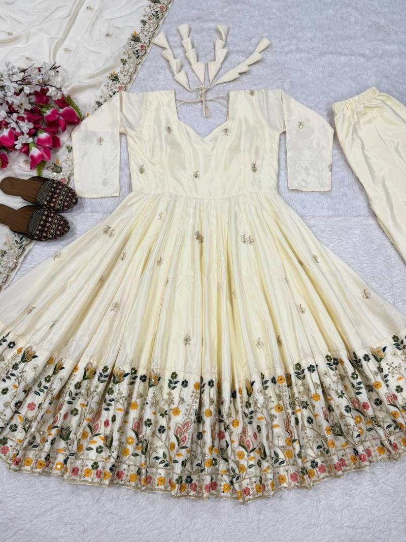 Off-white embroidery crep fully stitched anarkali set