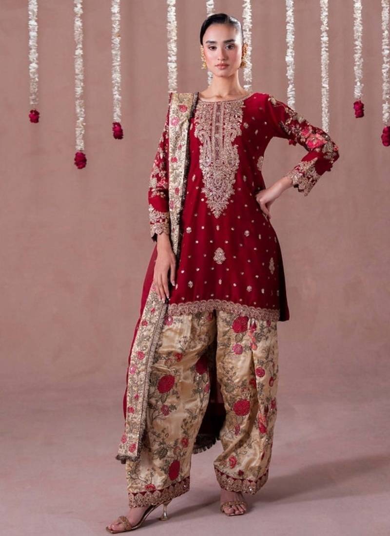 Maroon embroidery faux georgette fully stitched patiyala salwar