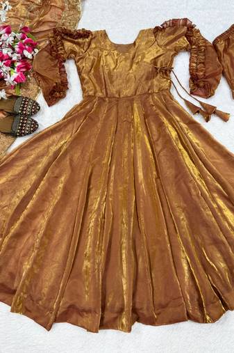 Copper embroidery fendy fully stitched anarkali set