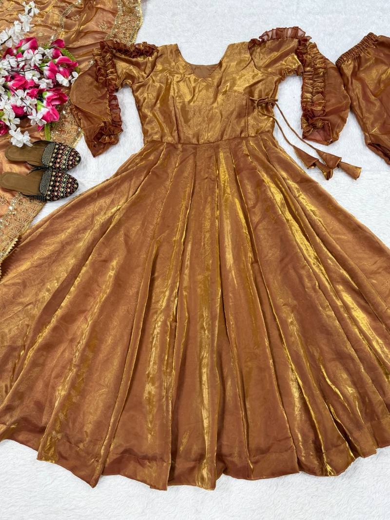 Copper embroidery fendy fully stitched anarkali set