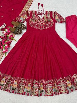 Rani pink embroidery crep fully stitched anarkali set 2