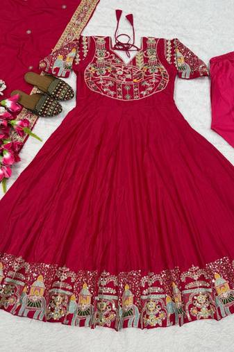 Rani pink embroidery crep fully stitched anarkali set
