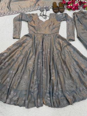 Grey embroidery Blend Tissue fully stitched anarkali set 2
