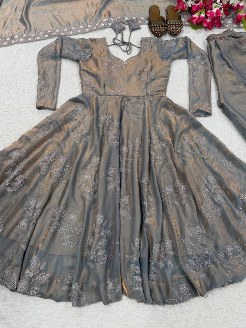 Grey embroidery fandy fully stitched anarkali set