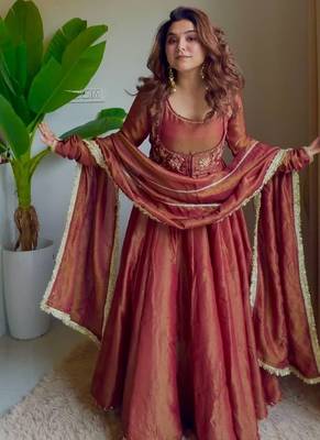 Rust embroidery cosmos fully stitched anarkali set 1
