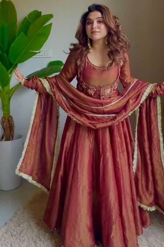 Rust embroidery cosmos fully stitched anarkali set