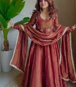 Rust embroidery cosmos fully stitched anarkali set