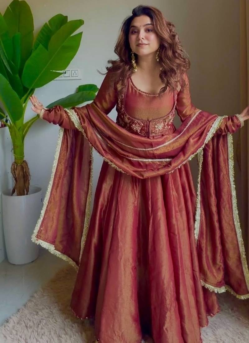 Rust embroidery cosmos fully stitched anarkali set