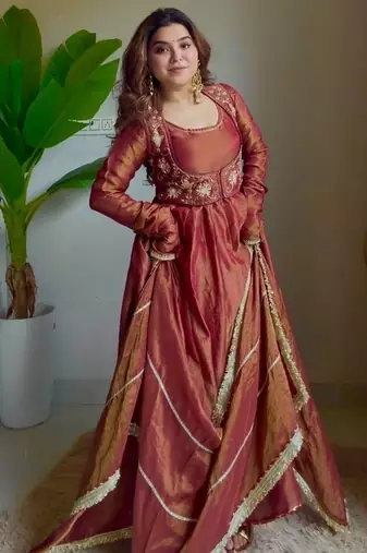 Rust embroidery cosmos fully stitched anarkali set