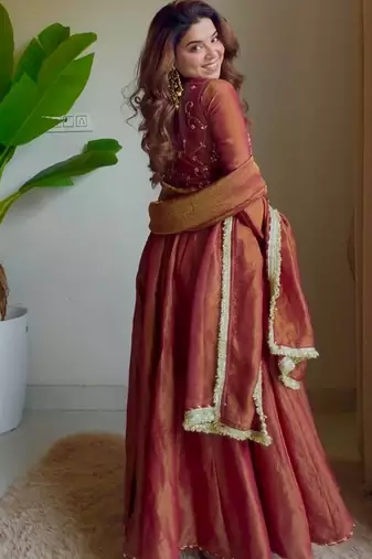 Rust embroidery cosmos fully stitched anarkali set