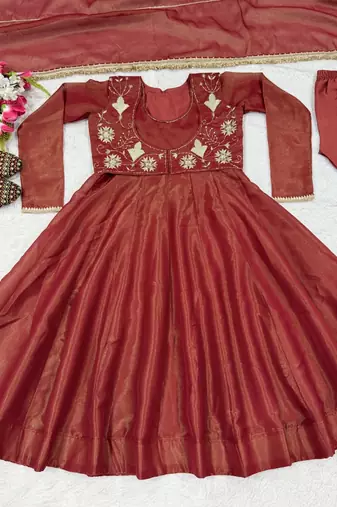Rust embroidery cosmos fully stitched anarkali set