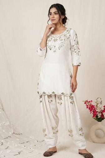 Off-white embroidery satin fully stitched farshi salwar suit set